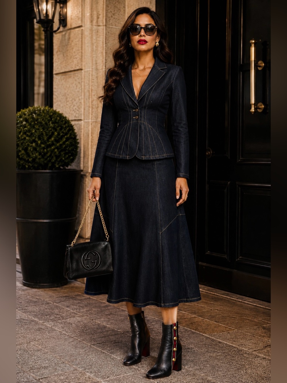 Monroe & Main Dark Wash Denim Skirt Suit Tailored Blazer & A-Line Midi Skirt - Picture 5 of 16